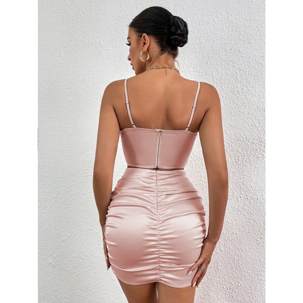 ❗️2 piece skirt set: Zipper Back bustier Cami Crop Top & Ruched mini Skirt black - Picture 3 of 8